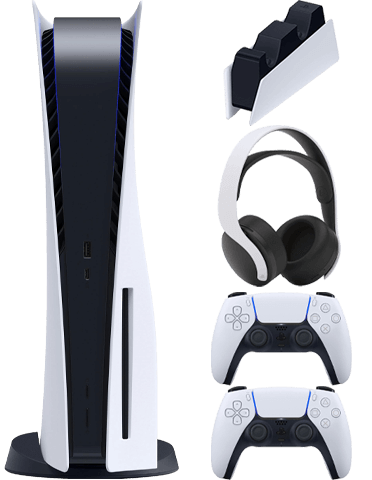 کنسول بازی سونی مدل Playstation 5 Standard به‌همراه کنترلر سونی مدل Dual Sense، هدفون سونی مدل Pulse 3D و پایه شارژ کنترلر سونی Dual Sense