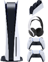 کنسول بازی سونی مدل Playstation 5 Standard به‌همراه کنترلر سونی مدل Dual Sense، هدفون سونی مدل Pulse 3D و پایه شارژ کنترلر سونی Dual Sense